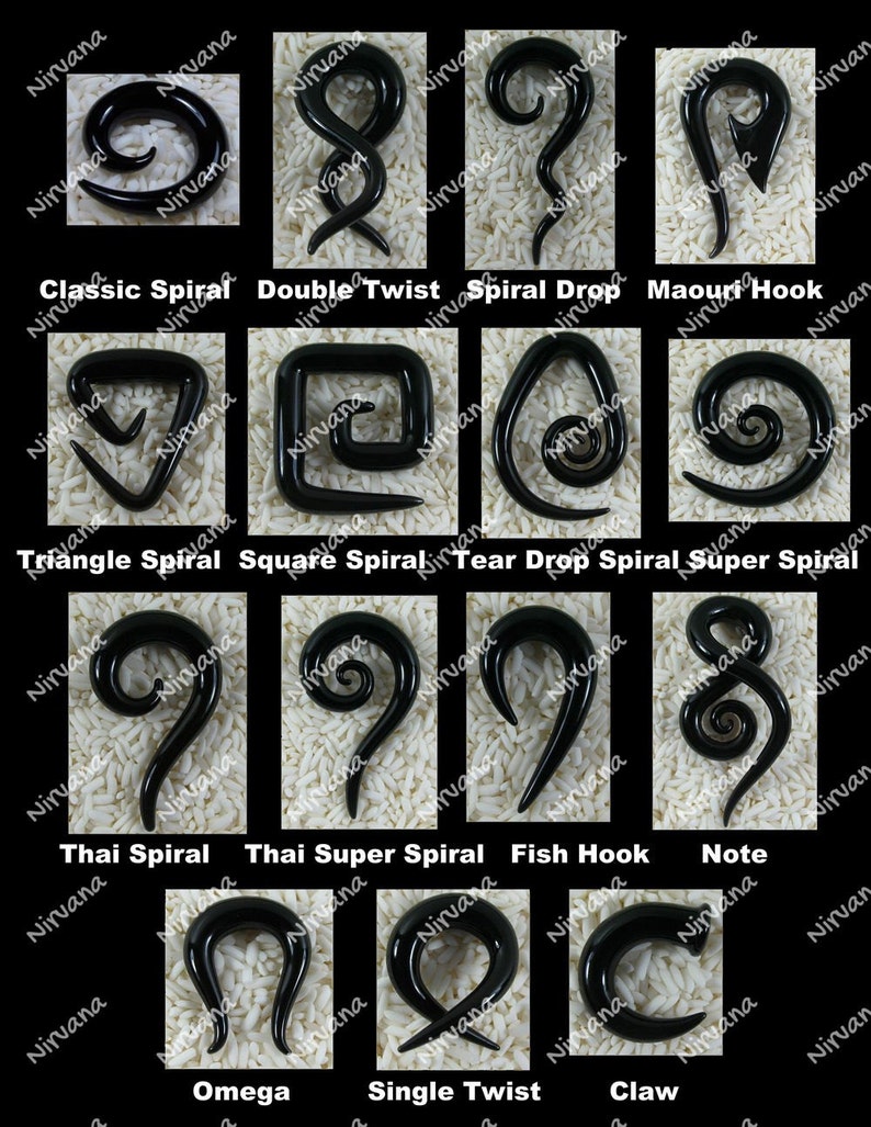 May include: A collection of 12 different black glass spiral ear gauges, including classic spiral, double twist, spiral drop, maori hook, triangle spiral, square spiral, tear drop spiral, super spiral, thai spiral, thai super spiral, fish hook, omega, single twist, and claw.