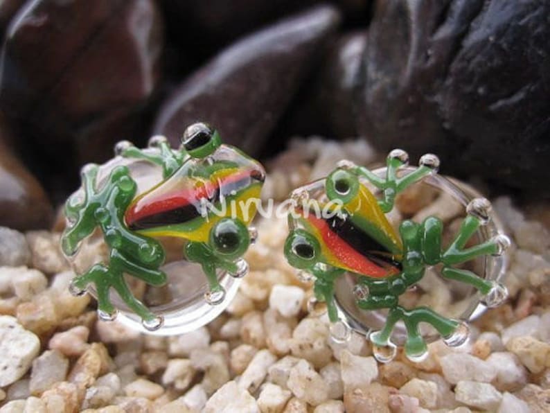 1 Pair 2 Pieces Rasta Frog Plugs Pyrex Glass image 1