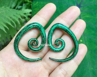 1 Pair (2 Pieces) Emerald Green Dichroic Glass Tear Drop Spirals