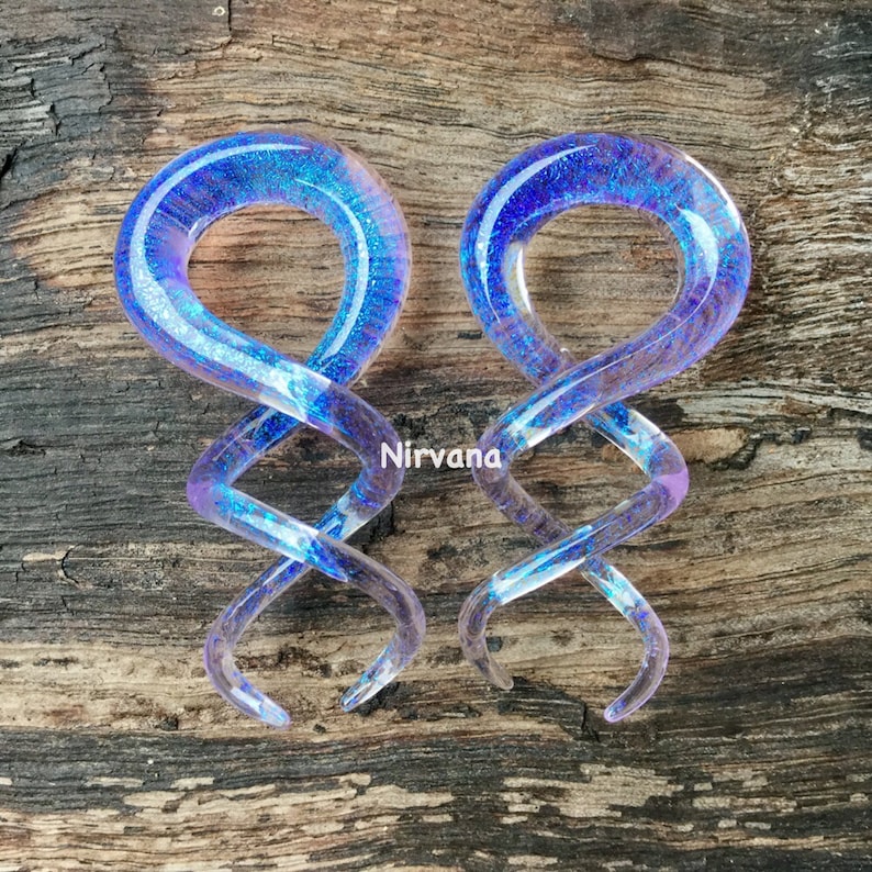 1 Pair 2 Pieces Translucent Blue Dichroic Encased Translucent Purple Glass Cork Screw Spirals image 2