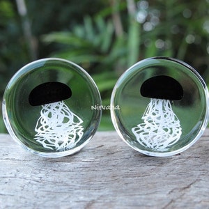1 Pair (2 Pieces) Pyrex Glass Black Jellyfish Plugs