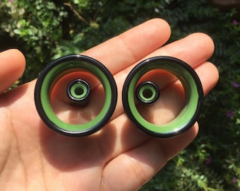 1 Pair (2 Pieces) Black & Jade Green Color 2 Tone Tunnels Glass