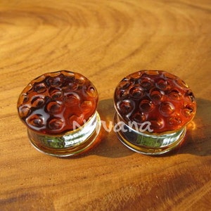 1 Pair (2 Pieces) Amber Color Glass Honey Comb Plugs