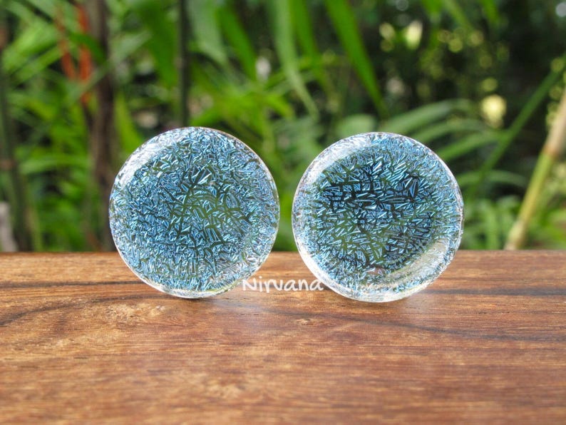 1 Pair 2 Pieces Translucent Aqua Dichroic Glass Plugs image 7