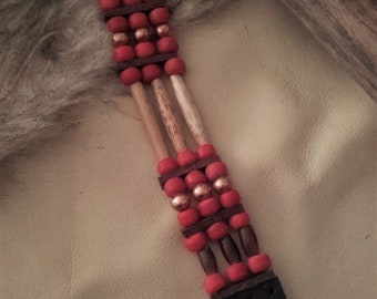 Native American bracelet 3 rows - bones and red glass beads - ref: B 399