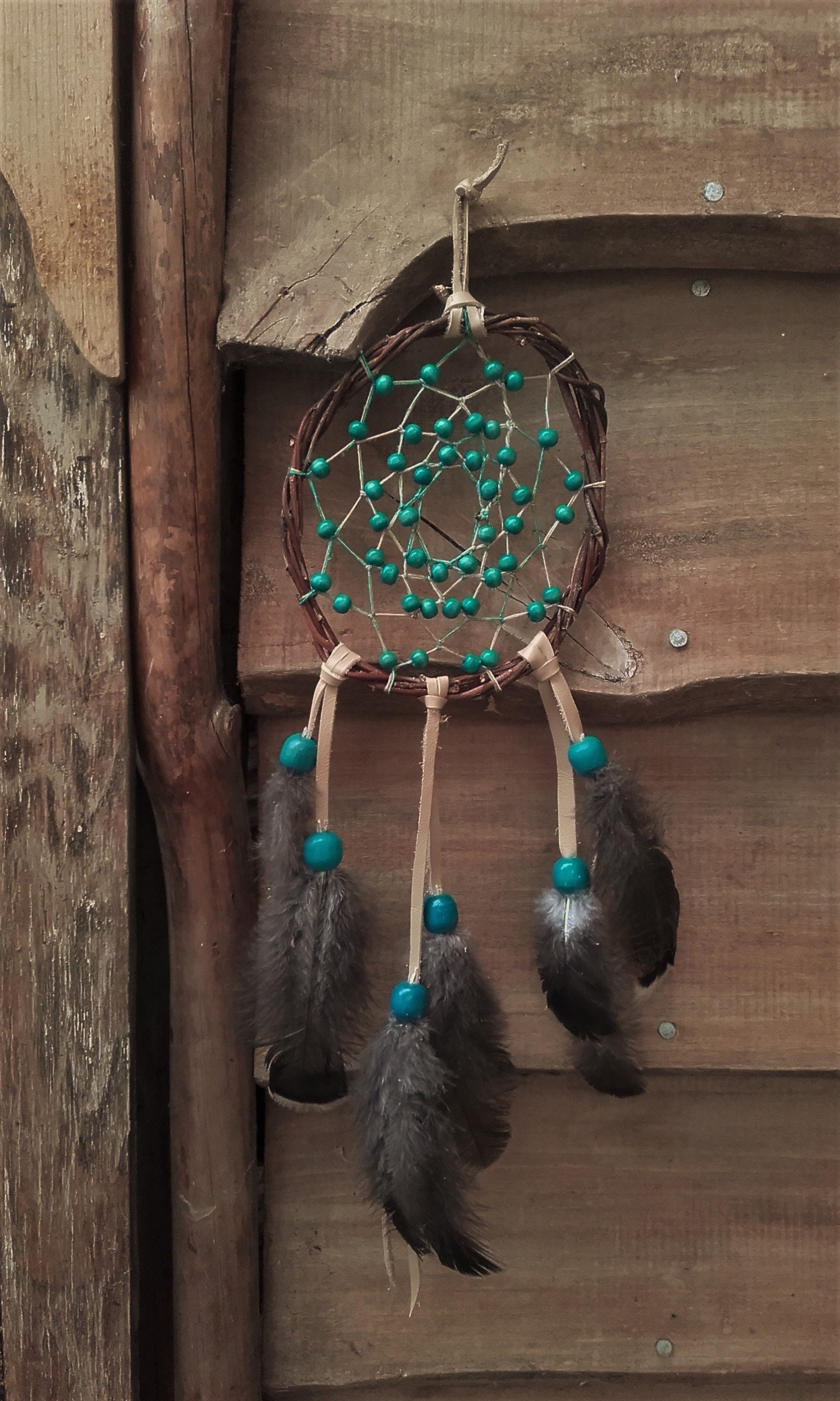 Attrape-Rêves Naturel Perles Bois Bleues Turquoise - Ref Dc 211101