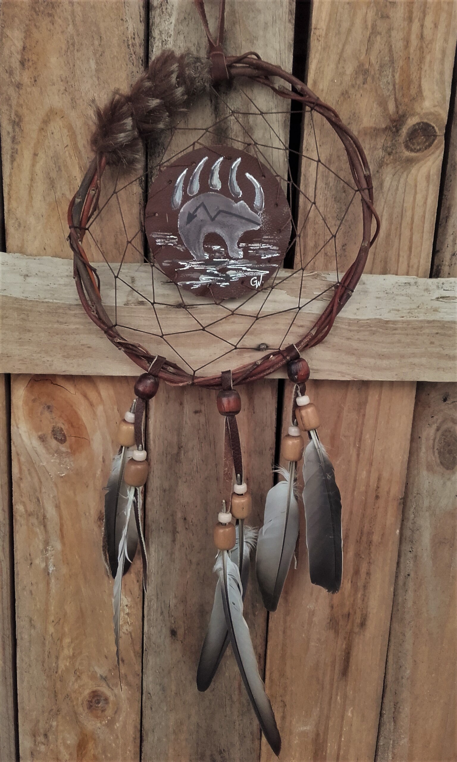 Attrape Rêves Naturel, Peinture sur Cuir Ours Zuni - Ref Dc 201201