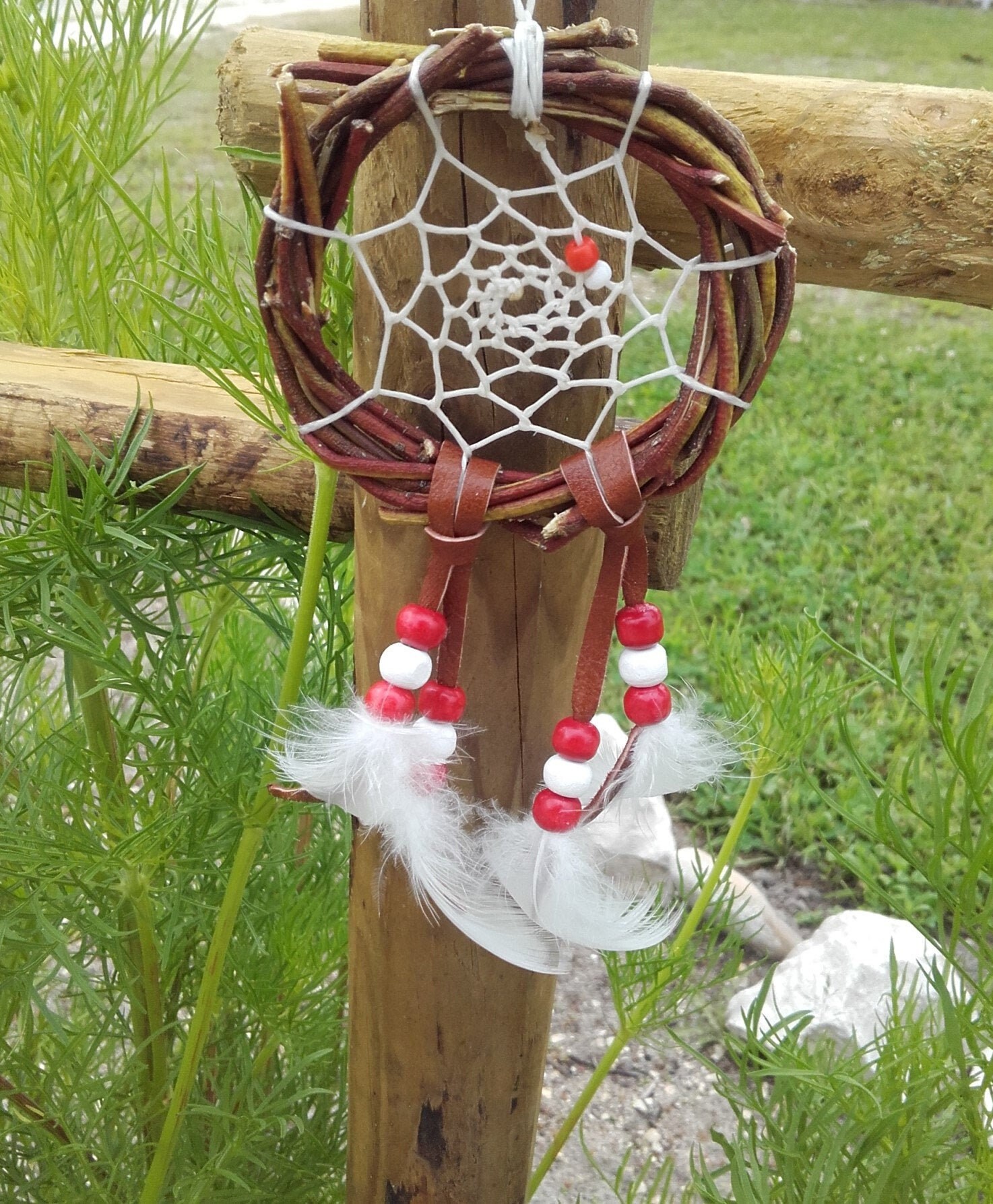 Attrape Rêves Naturel Blanc et Rouge - Ref Dc 180711