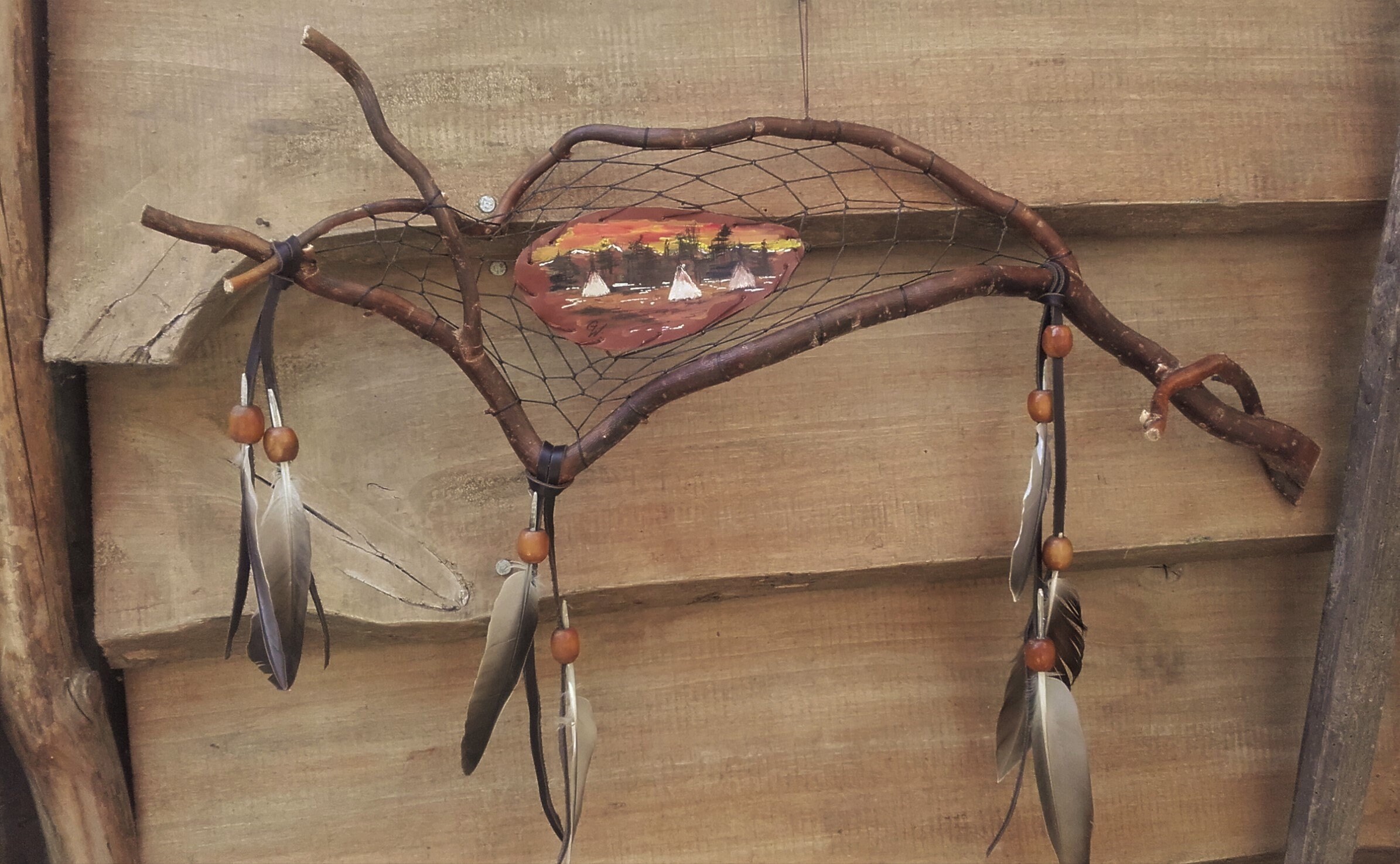 Attrape Rêves Naturel, Saule, Perles Bois et Peinture sur Cuir - Ref Dc 200801