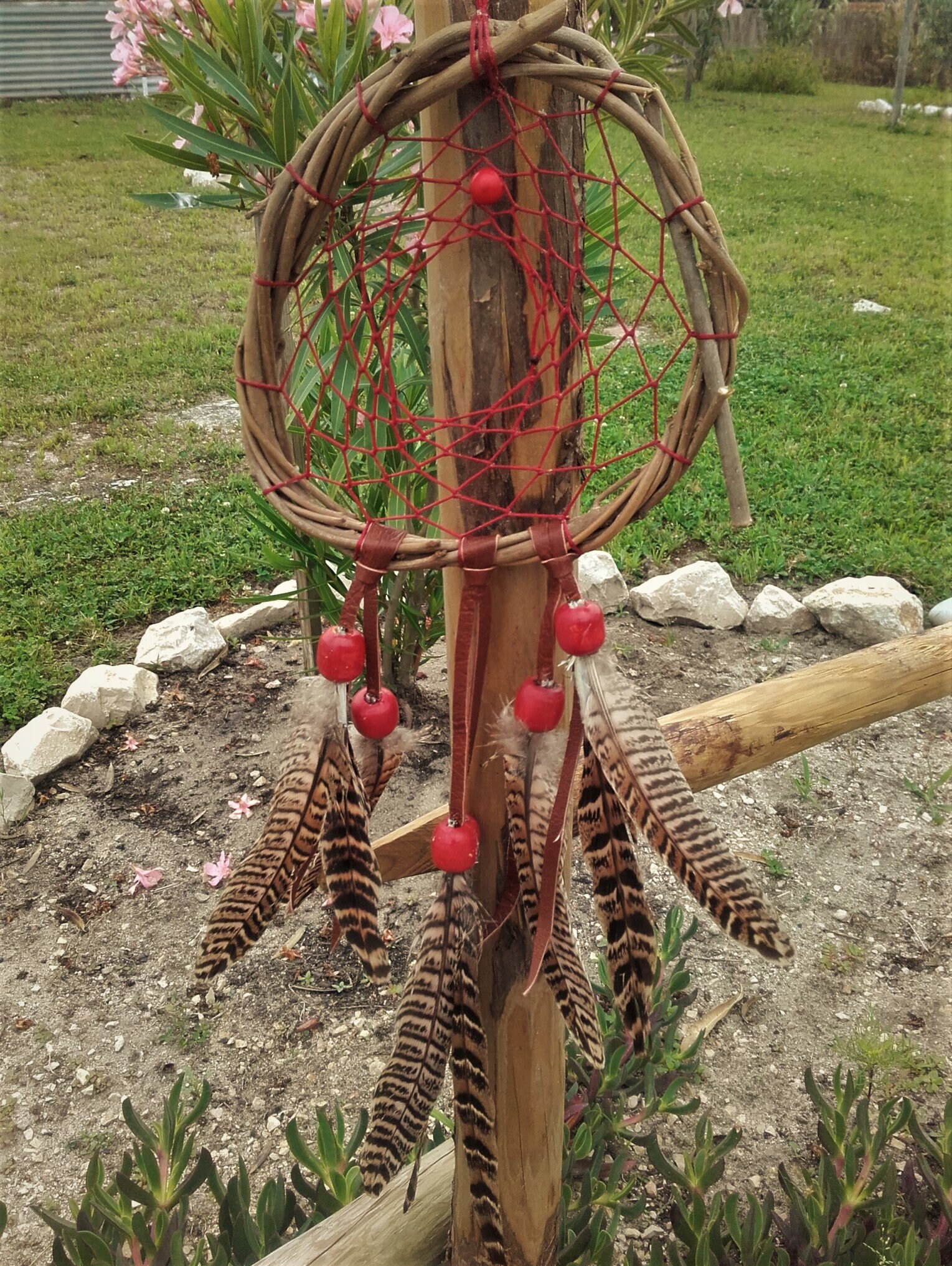 Attrape Rêves Naturel, Perles Bois Rouges - Ref Dc 180709