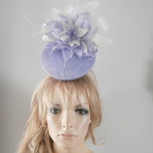 lilac & ivory silk abaca 3d saucer hat embellished with silk flower detail