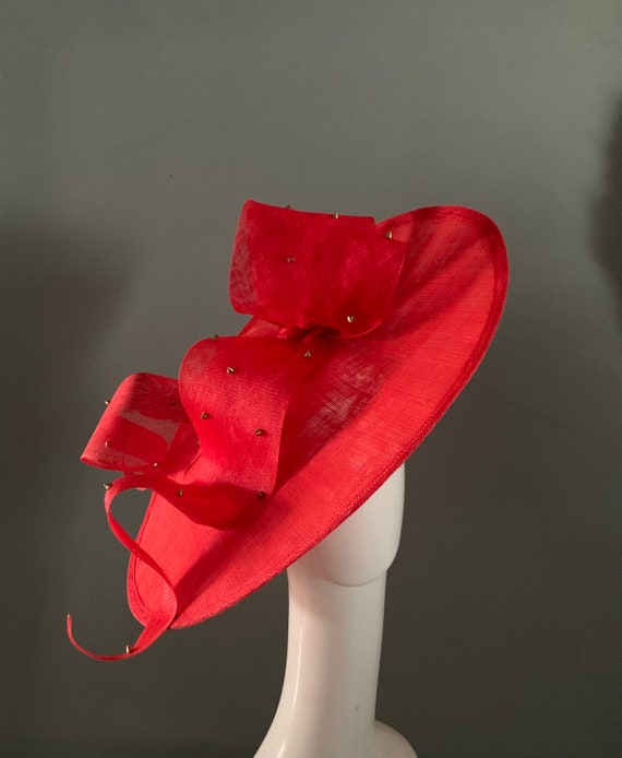 Red Saucer Fascinator Hat: Sculptured Bow With Gold Studs - Etsy display picture 1