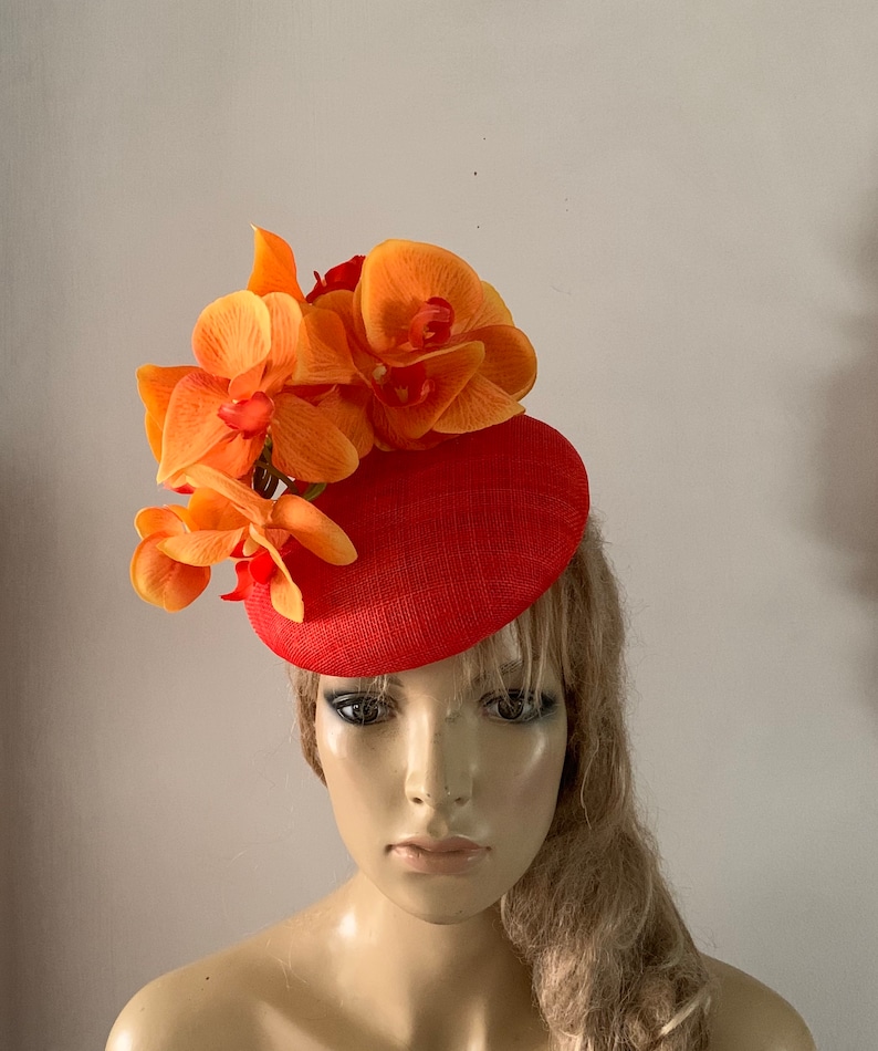 Orange perching beret hat adorned with a spray of silken | Etsy