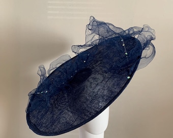 Navy Blue Saucer Hat / Fascinator Adorned With a Crin Wave 