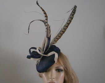 Christina Blue Veiled Saucer Fascinator Hat Navy Blue Saucer Hat / Fascinator Adorned With a Crin Wave  main image 4