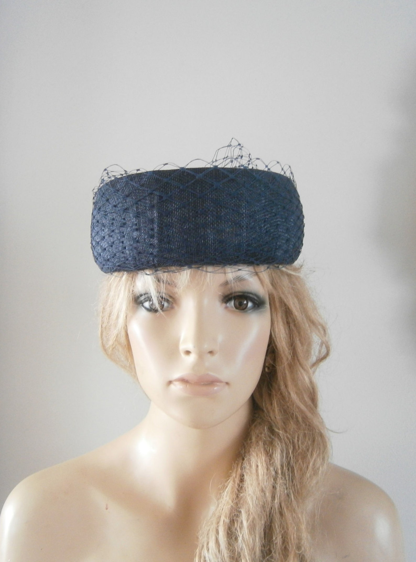 Navy Pillbox Hat Embellished With Merry Widow Veiling & a Cute Etsy