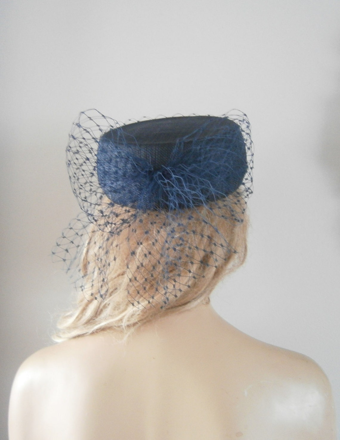 Navy pillbox hat embellished with merry widow veiling & a cute Etsy