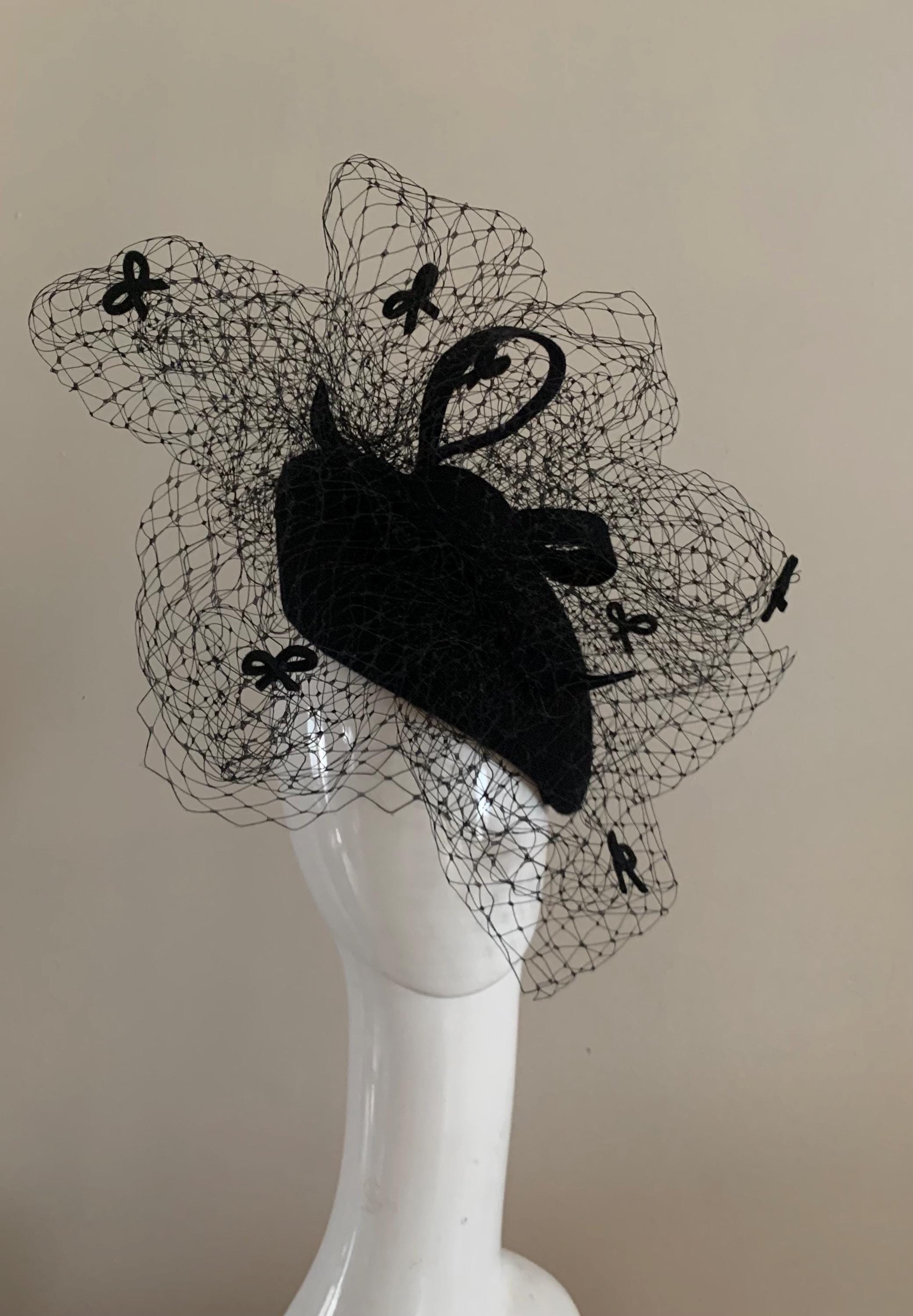 Fifties Beret Style Black Wool Hat with Birdcage Netting and Six Pearls 1950s Black Wool Hat, Netting & Hatpin | A Classic Beauty main image 2