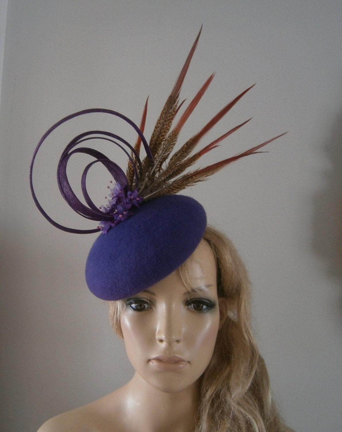 Vintage Plum Wool Felt Feather Hat Fascinator Beret Style Beret Purple Vintage Hats for Women for sale | eBay main image 2