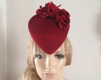 wine wool felt perching hat embellished with sculptured felt flowers