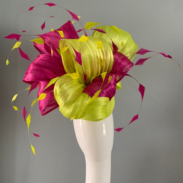 Lime & Fuchsia perching beret hat adorned with luxurious silk abaca sculptured bows and feathers.