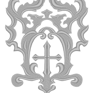 Può includere: Un design ornamentale color argento con una croce al centro. Il design presenta intricati vortici e curve, creando uno schema simmetrico.