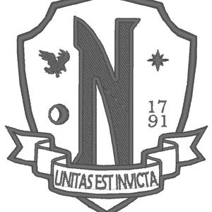 May include: A gray embroidered patch with a shield shape. The shield features a large letter N, a bird, a star, and the text "1791". A banner at the bottom reads "UNITAS EST INVICTA".