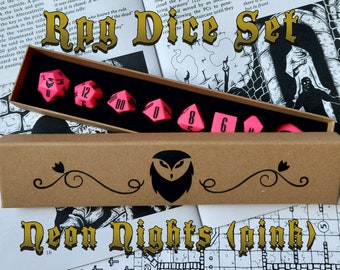 Neon Nights (pink) - Handmade RPG / D&D / Pathfinder resin dice set, 8x dice with custom box and logo