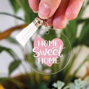 Home Sweet Home Keyring with tassel. Bag Charm. Round Keychain. New Home Gift. Clear Transparent Acrylic Circle key ring