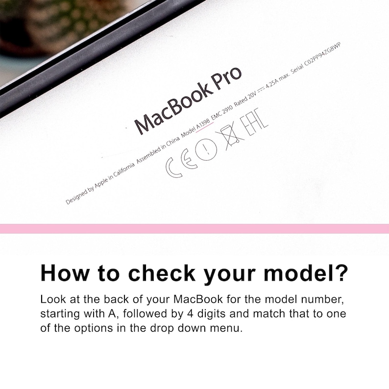 May include: A silver MacBook Pro back panel with black text reading MacBook Pro, Designed by Apple in California, Assembled in China, Model A1398, EMC 2910, Rated 20V 4.25A max, Serial C02PP94ZG8WP. Below, text reads: How to check your model? Look at the back.