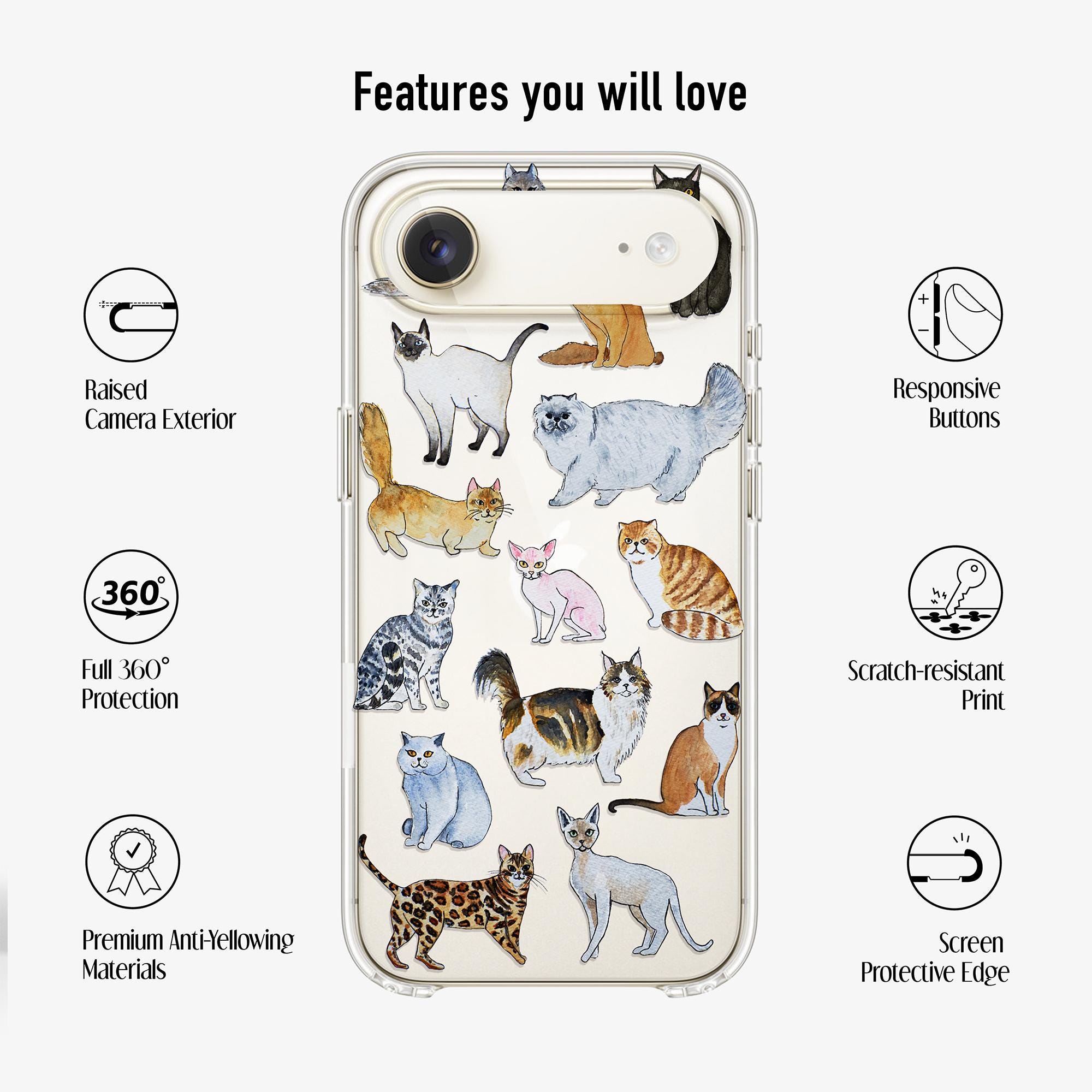 Clear Cats Phone Case for iPhone 17, 16e, 15, 14, 13, 12, Samsung