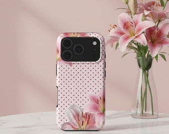 Tiger Lily Polka Dot Phone Case Cover for iPhone, Samsung Galaxy, Google Pixel. Floral iPhone 17e, 17Air 17Pro, 16, 15, 14, 13, 12