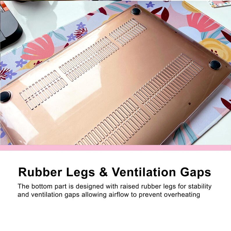 May include: A rose gold laptop hard shell case featuring four black circular rubber feet at the corners and two rows of rectangular ventilation slots for airflow. The text Rubber Legs & Ventilation Gaps is printed below the laptop case.