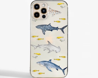 Sharks Clear Phone Case for iPhone 17, 16e, 15, 14, 13, 12, Samsung S21, S26, S25 & Google Pixel. Scratch-Resistant and MagSafe Compatible.