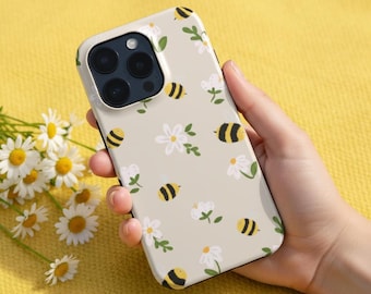 Funda para teléfono con estampado floral de abejas y margaritas en color beige. Funda con estética natural para iPhone 17e 17 16 15 14 13, Samsung Galaxy S26 S25 y Google. MagSafe