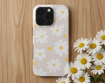Funda para teléfono color beige con diseño de margaritas. Funda floral para iPhone 17e, 17, 16, 15, 14, 13, Samsung Galaxy S26, S25, Google Pixel y OnePlus.