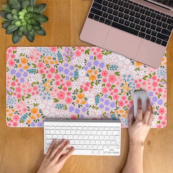 Floral Desk Mat – Cute Pink, Orange & Blue Flower Mouse Pad – Aesthetic Desk Pad – Soft Anti-slip desk mat – Hand Drawn by Dessi Designs