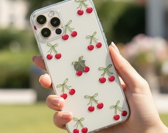 Funda transparente Cherry Bows para iPhone 17, 16e, 15, 14, 13, 12, Samsung S26, S25 y Google Pixel. Compatible con MagSafe.