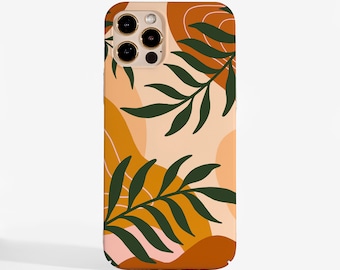 Könnte beinhalten: Eine Smartphone-Hülle mit cremefarbenem Hintergrund und abstrakten Formen in Beige-, Terrakotta- und Rosatönen. Das Design zeigt dunkelgrüne botanische Blattillustrationen, die über die Formen gelegt sind, mit einem Kameraausschnitt.