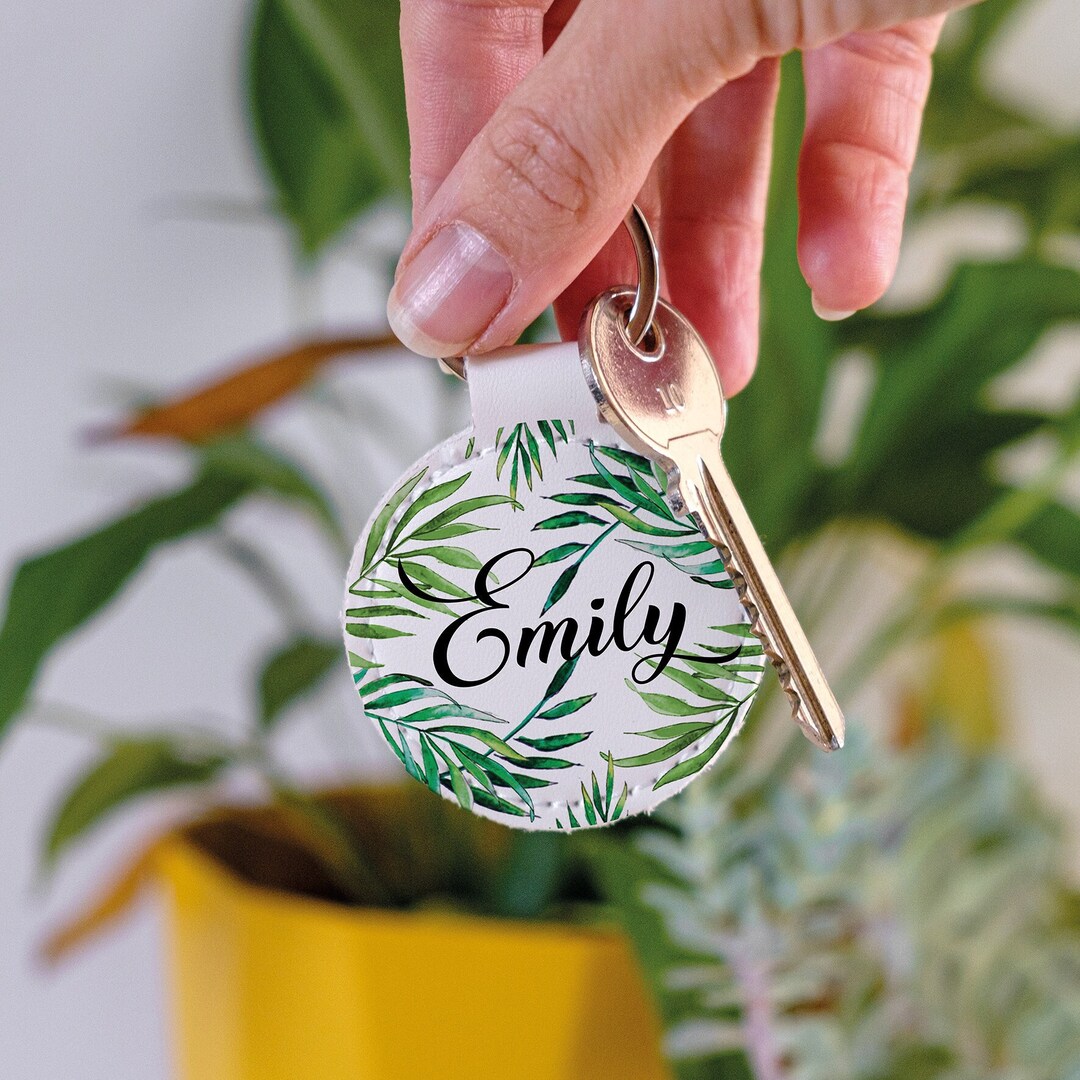 Personalised Name Keyring Faux Leather. Bag Charm. Round Keychain With ...
