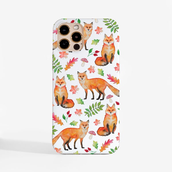 Funda de teléfono de zorro, diseño de animales del bosque otoñal, carcasa rígida de plástico para iPhone, Google Pixel y Samsung.