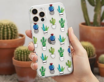 Funda transparente con diseño de cactus para iPhone 17e, 17, 16e, 15, 14, 13, 12, Samsung S21, S26, S25, Google Pixel y OnePlus. MagSafe