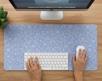 Tapete de escritorio floral azul. Tapete para trabajar desde casa. Tapete de ratón de tela suave. Tapete grande con base antideslizante que también sirve como tapete para teclado.