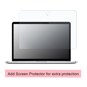 May include: A clear, rectangular laptop screen protector with a circular cutout at the top center, positioned in front of a laptop display. Below the laptop, a pink rectangular banner displays the text: Add Screen Protector for extra protection.