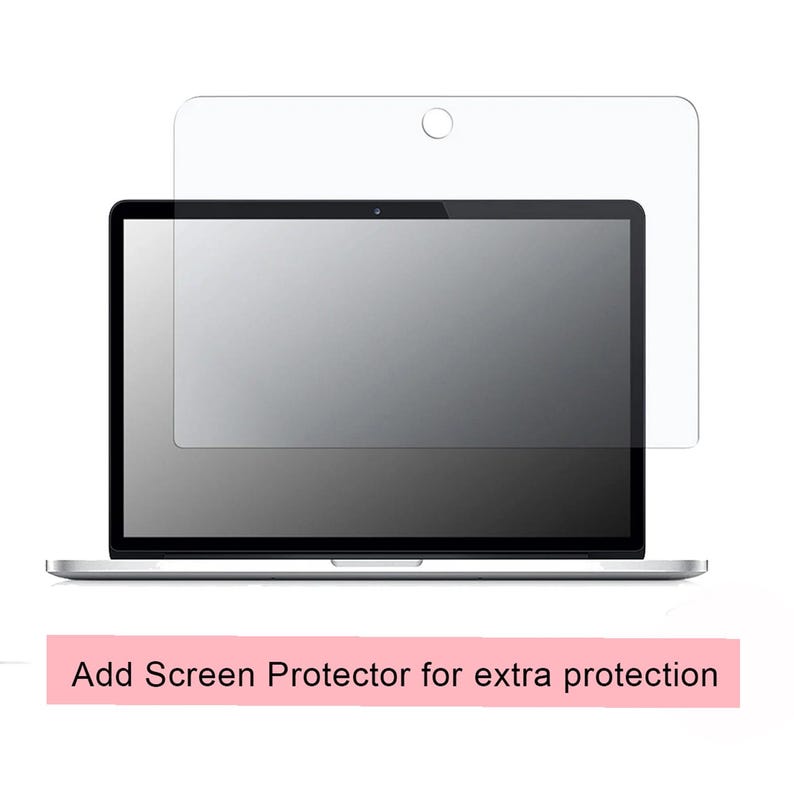 May include: A clear, rectangular laptop screen protector with a circular cutout at the top center, positioned in front of a laptop display. Below the laptop, a pink rectangular banner displays the text: Add Screen Protector for extra protection.