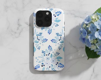 Funda para teléfono con estampado floral azul / Funda protectora resistente para iPhone 17e, 17, 16, 15, 14, 13, Samsung Galaxy, Google Pixel y OnePlus.