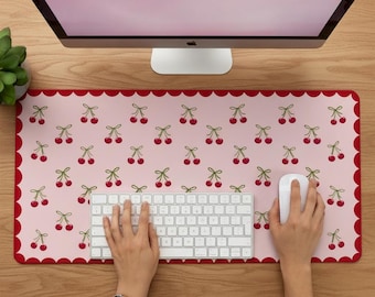 Tapete de escritorio de cerezas, de tela. Alfombrilla grande antideslizante para ratón que también sirve como tapete para teclado. Accesorios de escritorio. Decoración de escritorio Coquette.