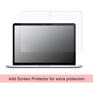 May include: A clear, rectangular screen protector with a circular cutout at the top, positioned in front of a laptop screen. Below the laptop, a light pink horizontal banner displays the text: Add Screen Protector for extra protection.