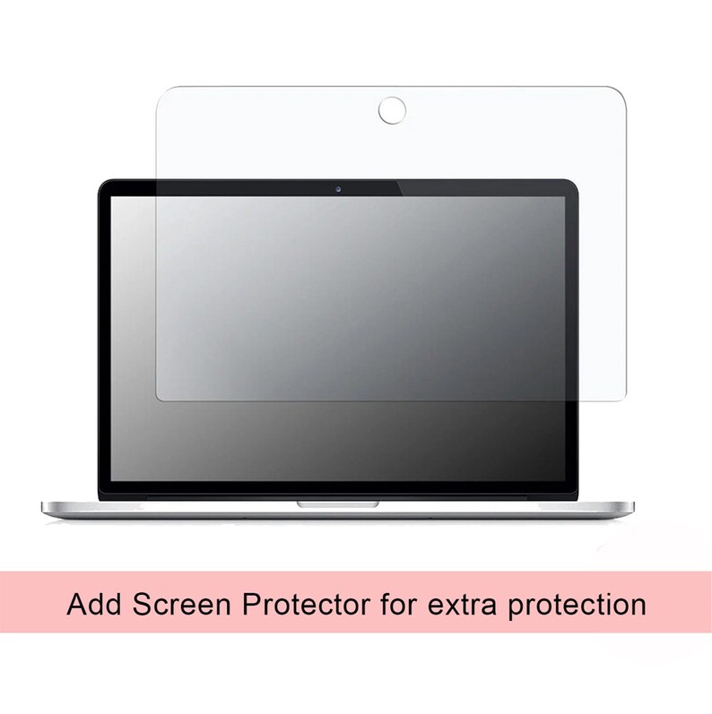 May include: A clear, rectangular screen protector with a circular cutout at the top, positioned in front of a laptop screen. Below the laptop, a light pink horizontal banner displays the text: Add Screen Protector for extra protection.