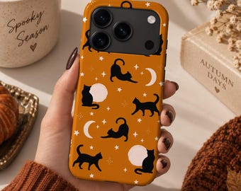 Halloween Cat Phone Case, Black Cat iPhone Case, Cute Spooky Phone Cover, Autumn Halloween Case for iPhone, Samsung & Google Pixel